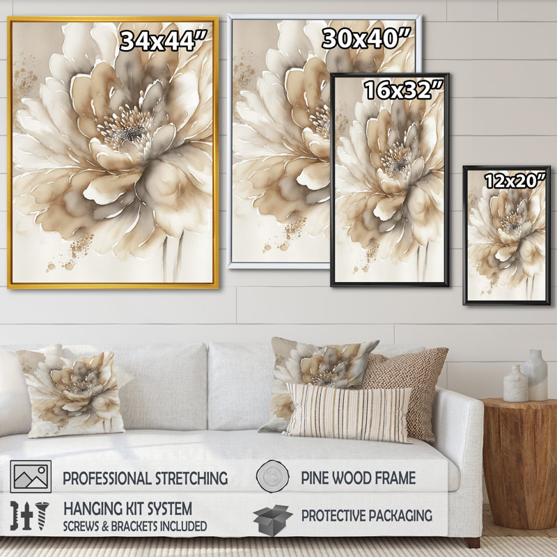 Fleur beige simple IV - art mural sur toile florale, H 20 po x l 12 po x P 1 po, Cadre flottant noir