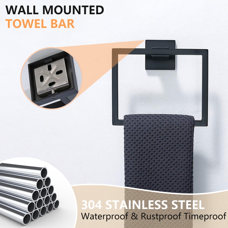 5-Piece Bathroom Hardware Set With Towel Bar, Towel Ring, Robe Hook, Toilet Paper Holder, Matte Black
