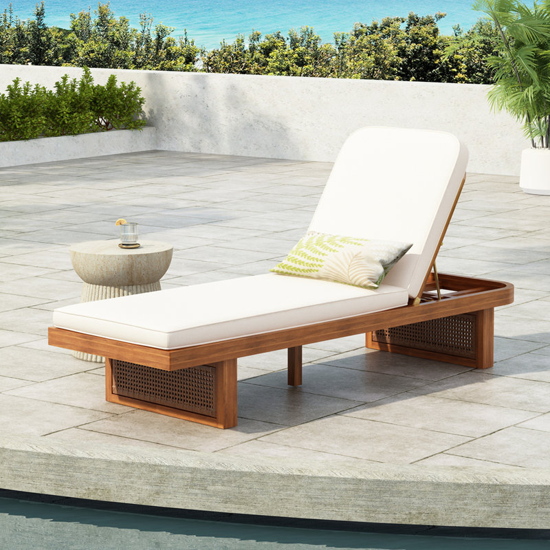Méridienne d'extérieur - Design en bois d'acacia et en rotin PE avec coussin blanc