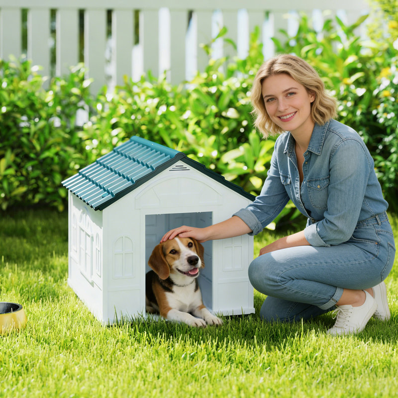 Plastic Dog House, Water Resistant Puppy Shelter Indoor Outdoor With Door, Easy To Assemble, For Medium And Small Dogs, Blue