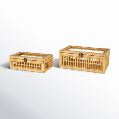 Cole And Grey Rattan Handmade Woven Storage Decorative Box With Glass Top And Bronze Latches