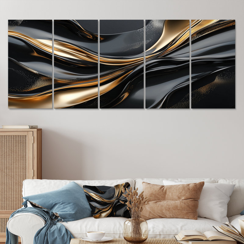 Captivating Gold and Black Marble IV - Abstract Modern Waves, ensemble d'art sur toile, H 28 po x l 60 po