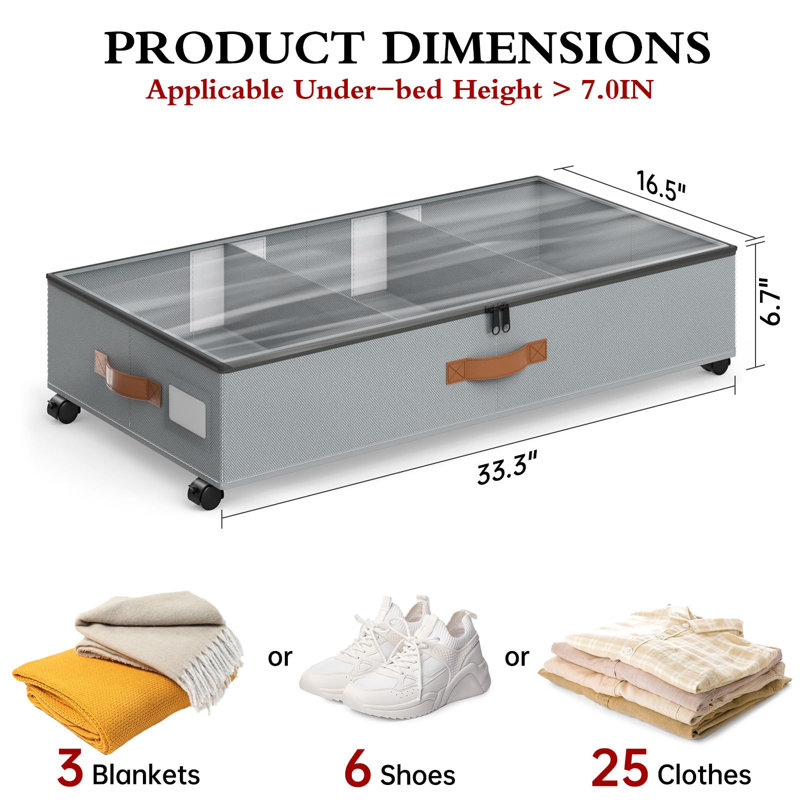 2-Pack Underbed Storage Box With Adjustable Dividers And Transparent Lid, Grey