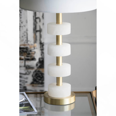 Modern Vintage Table Lamp with White Acrylic & Brass Finish, White Fabric Drum Shade, Ideal for Living Room Bedroom Home Décor