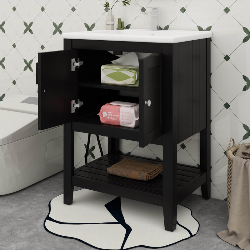 Meuble-lavabo 24 po avec lavabo en céramique, meuble-lavabo avec armoire et tablette ouverte 24 po, Noir
