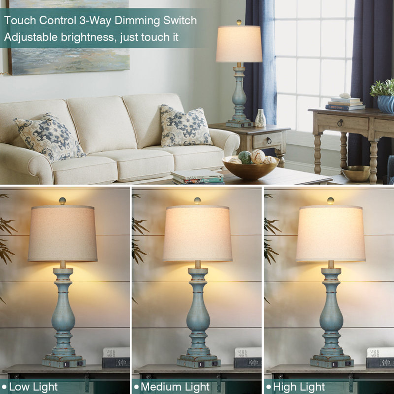 28.5'' Gibsland Resin Table Lamp with Drum Shade USB Ports Touch Switch