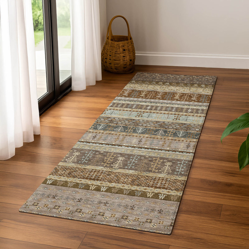 Premium Machine Washable Mayfield AMF2160 Striped Rug, Runner 2'3" x 7'6", Brown