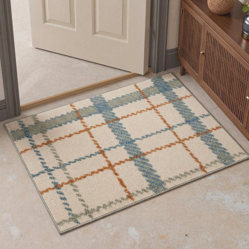 Modern Plaid Machine Washable Beige / Blue / Orange Indoor Area Rug with Non-Slip Backing, Rectangle 6' x 9'