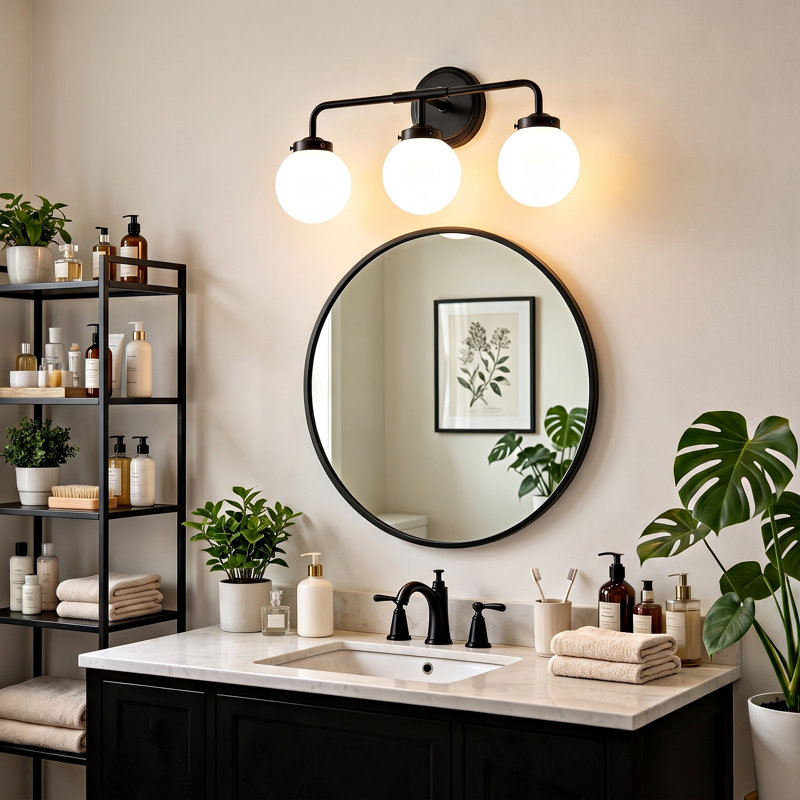 Luminaire de salle de bain à 3 lumières à intensité variable avec abat-jour en verre blanc soufflé à la main, Matte Black