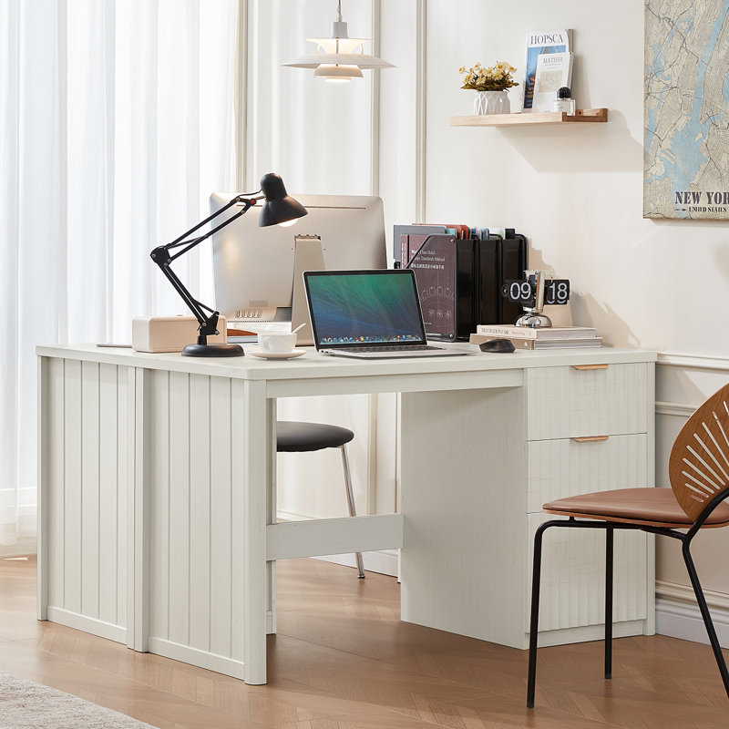 48" Modern Fluted Executive Desk With Storage Cabinet,Wood Home Office Desk With File Drawer & Metal Handles, Large Computer Writing Table For Office,Study, Living Room, Bedroom