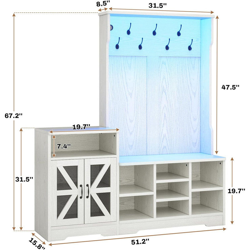 Embossed White Hall Tree with Bench and Storage Shelves