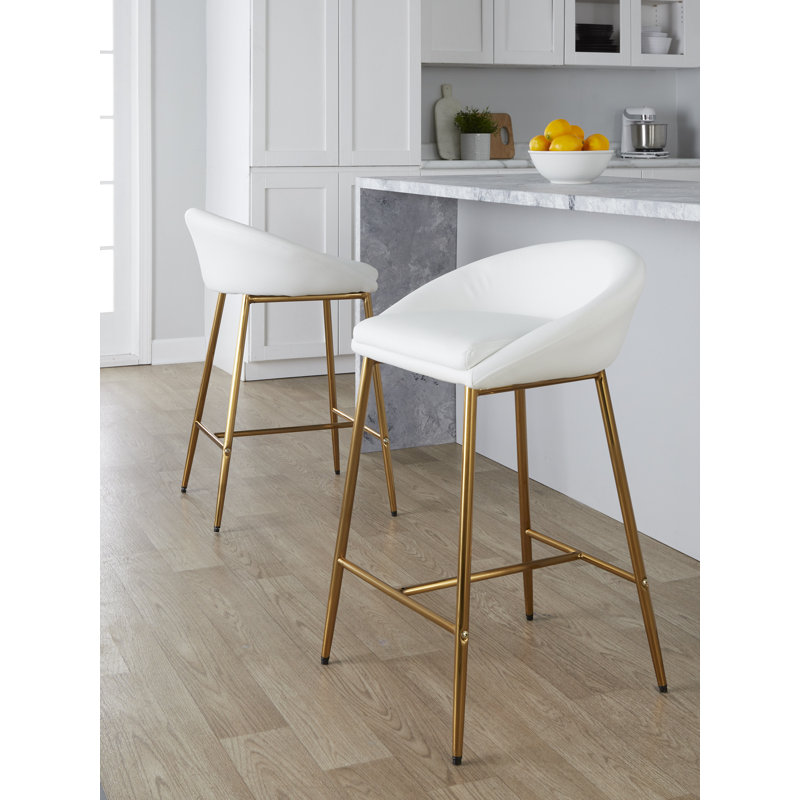Maddison 25.75" Fixed-Height Faux Leather Counter Stools, White, Gold