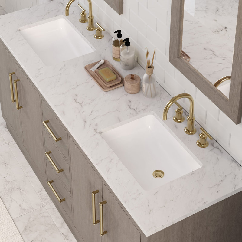 Kamila 72'' Double Bathroom Vanity with Marble Top, Satin Gold