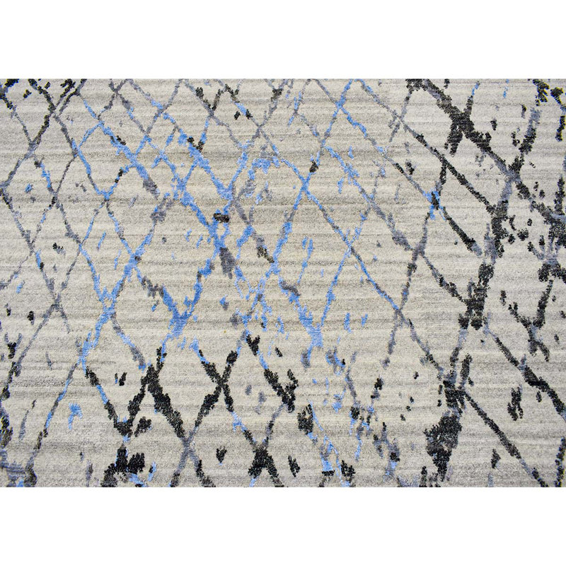 Tapis gris / bleu / noir noué à la main de haute qualité, Rectangle 8 pi x 10 pi
