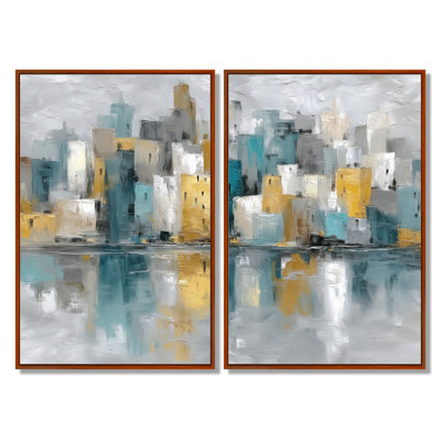 «Yellow Blue Abstract Cityscape New York City - New York City Wall Art, Yellow Cityscape, reproduction sur toile 2 pièces