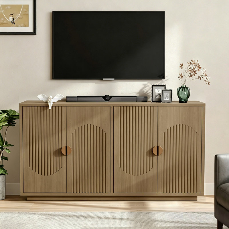 Meuble télé 59 po Mid-Century avec rangement, console média pour téléviseur de 65 po ou moins, Bois naturel