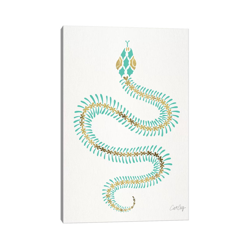 Strickler turquoise et squelette de serpent doré, H 26 po x l 18 po x P 1,5 po, Papier d'art encadré noir, Blanc