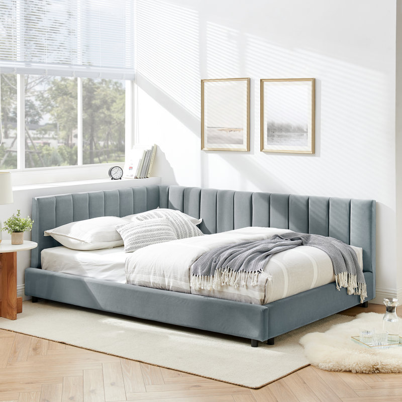Lit Mid-Century pleine grandeur, en velours gris, rembourré avec un cadre relaxant et élégant pour la maison, rembourrage confortable