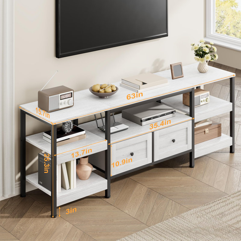 Modern-Industrial TV Stand with 2 Fabric Drawers, Entertainment Center for TVs Up to 75", Media Console with Storage Shelves, Open Design & Metal Frame