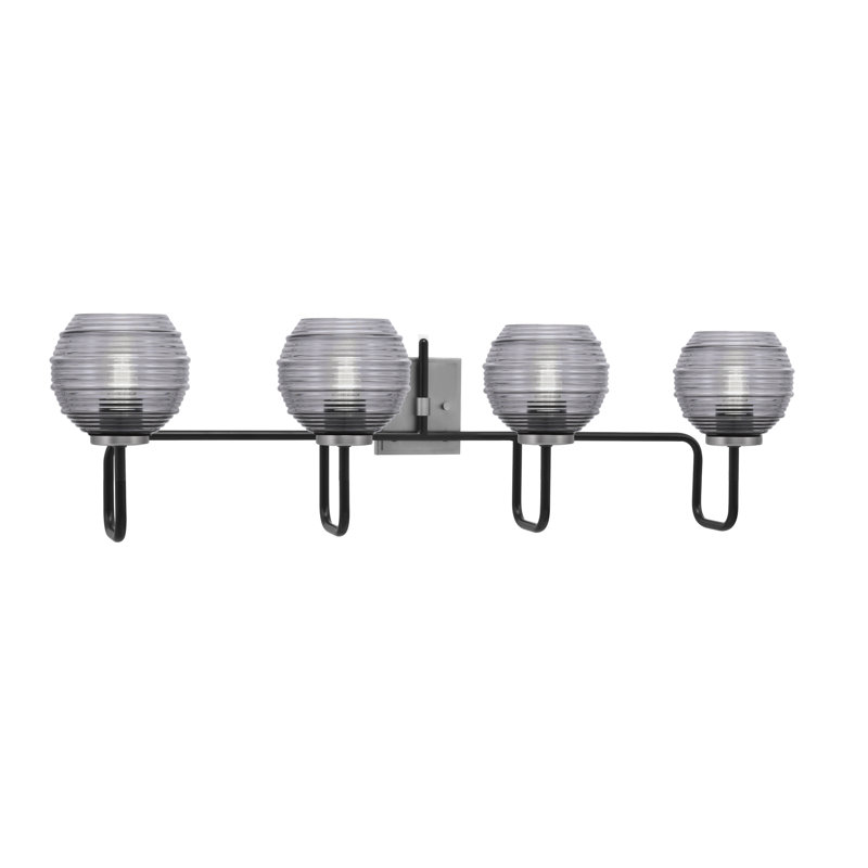 Barre d'éclairage de salle de bain 4 lumières Amarmula, noir mat et finition graphite, verre fumée 6 po, Transparent/noir