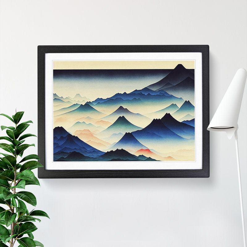 Japanese Mountain Watercolour - Single Picture Frame Print, 46cm H x 64cm W x 2cm D, Black