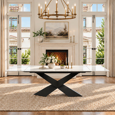  63-95"Extendable Modern Dining Table for 4-10, White Glossy Sintered Stone Tabletop, Rectangular Kitchen Table with black X-Shaped Steel Legs