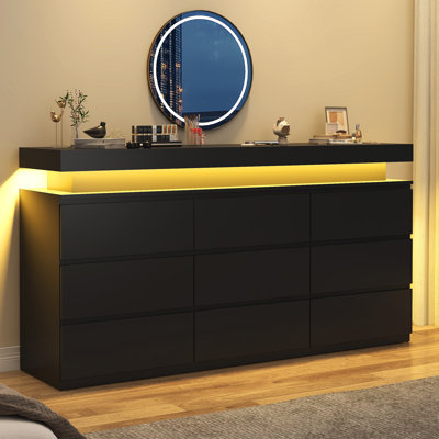 9-Drawer Modern Storage Dresser With Led Lighting, Wide Chest Of Drawers For Bedroom, Living Room & Entryway Organization