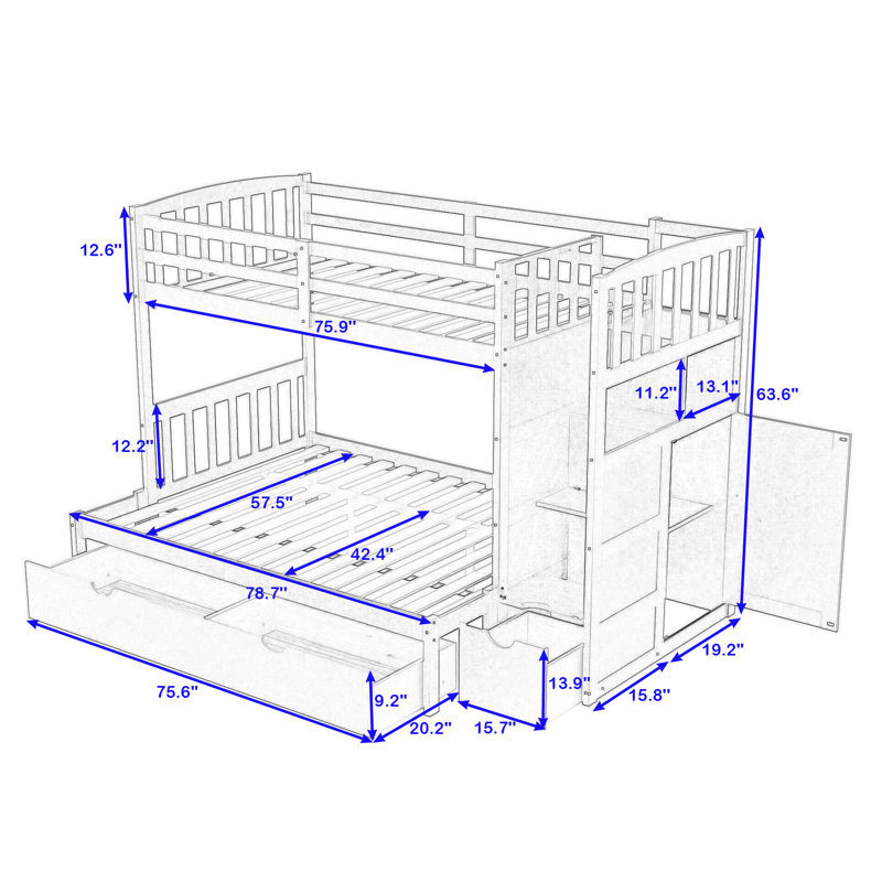 Eadon Kids Twin Over Twin/Full 3 Drawers Bunk Bed with Storage Shelves, Convertible Bottom Bed, White