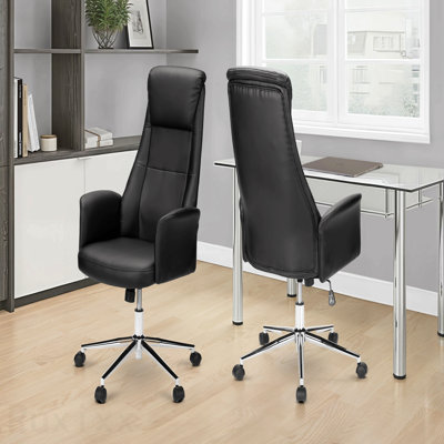Black Leather Look Chrome Metal Office Chair, Adjustable Height, Ergonomic, Swivel, Armrests Work, Contemporary Modern