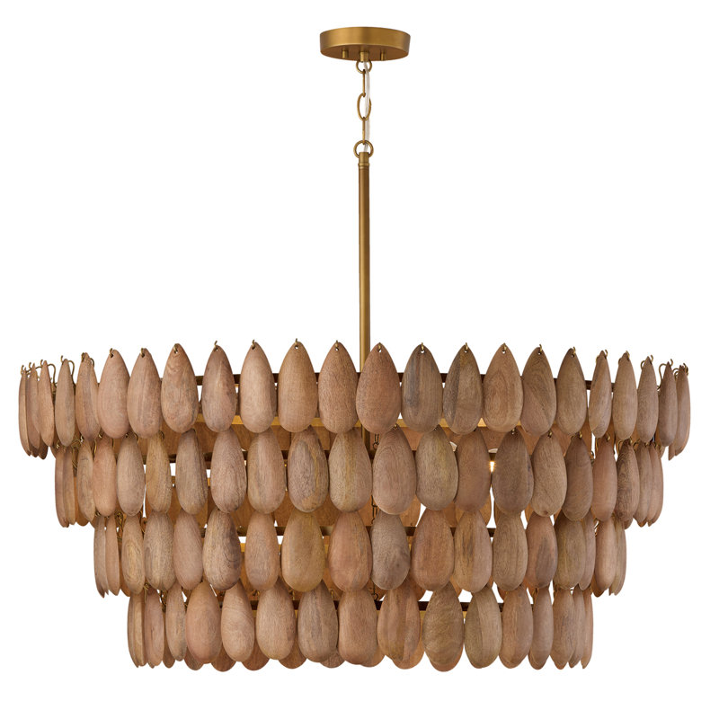 Pendant in Hand-distressed Patinaed Brass and Handcrafted Mango Wood, 17" H x 36.5" W