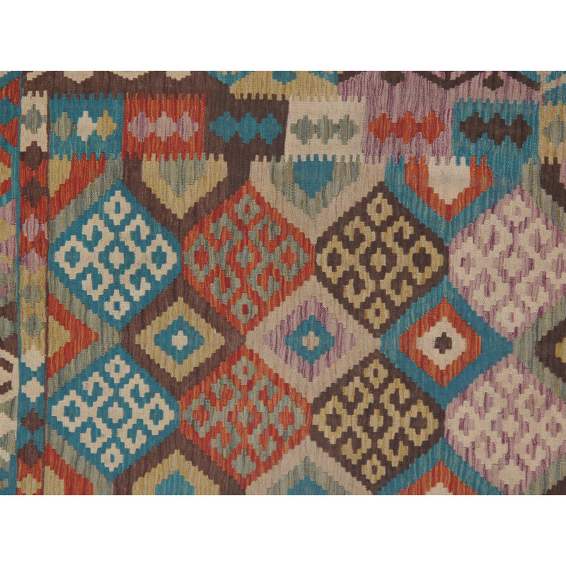 Tapis rouge/bleu/rose de laine 3 pi 5 po x 4 pi 10 po one-of-kind dc fait main kilim