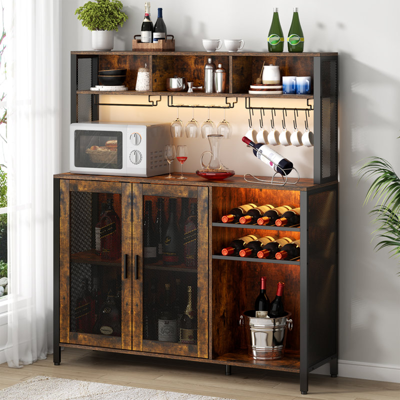 Rustic Brown Industrial Wine Bar Cabinet with LED Lights and Storage