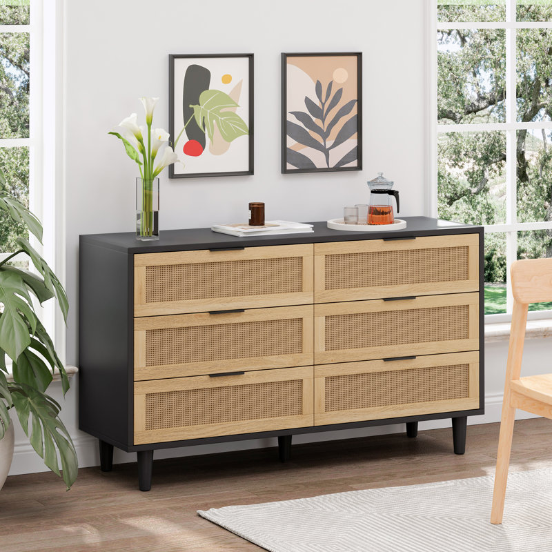 Rattan Wood Console Table With Drawer Storage, Black/Natural, 29.53" H x 51.18" W x 15.75" D