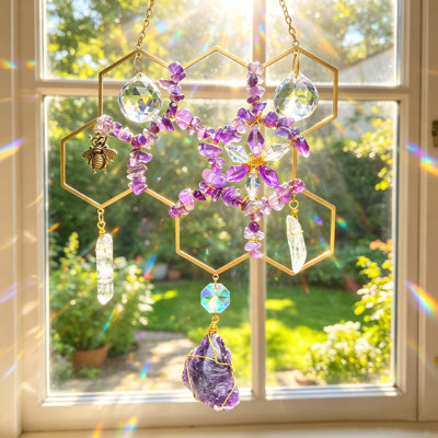 Citrine Crystal Beehive Suncatcher Honeycomb  Citrine Crystal Suncatcher - Natural Healing   Maker Window Hanging Ornament Boho Home Decor