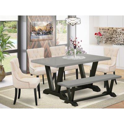 Ailt 6-Pc Dining Table Set - 4 Parson Chairs, A Wood Bench Cement Top And 1 Modern Cement Table Top With Button Tufted Chair Back - Wire Brushed Black -  Winston Porter, B51D29E2B4C442D7BAD70AD4DDCEAAED