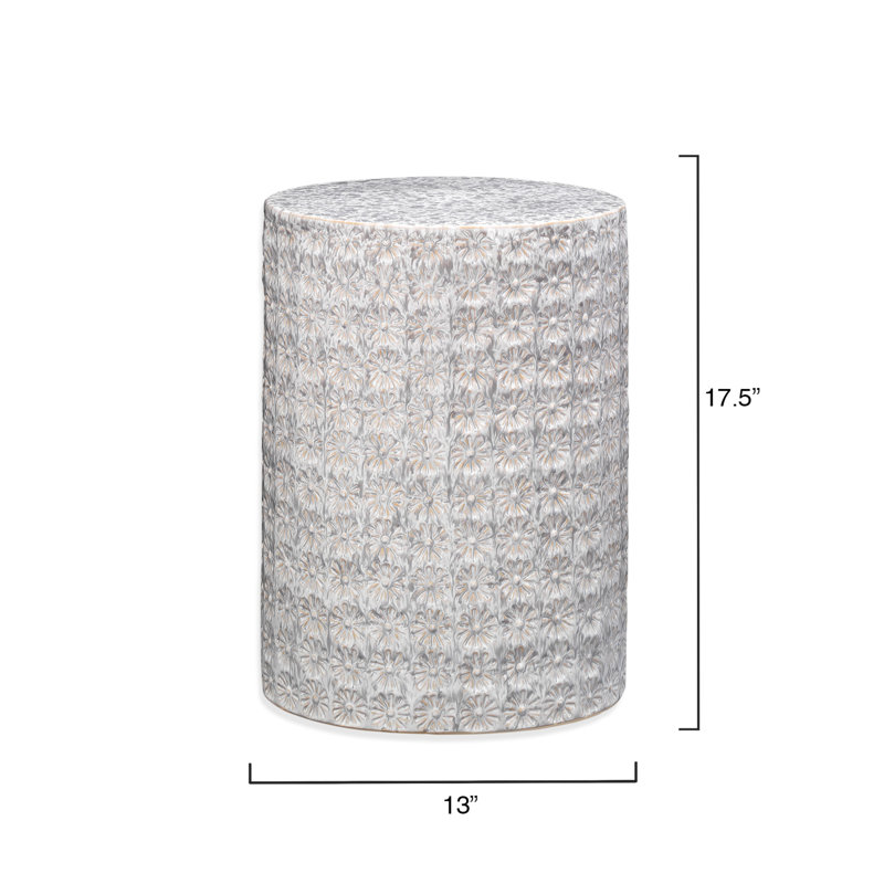 Cream Floral Embossed Ceramic Drum Side Table