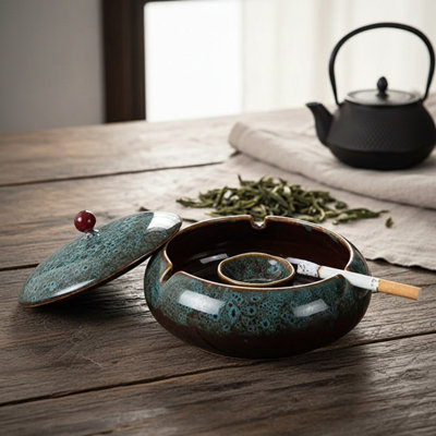 Cendrier en céramique coupe-vent avec couvercle, taille de 5,7 pouces, conçu pour les fumoirs, convient à la maison, au bureau et à l'intérieur / extérieur.
