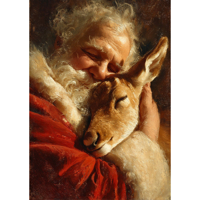 «Santa Hugging Reindeer», art mural sur toile tendue, H 24 po x l 16 po