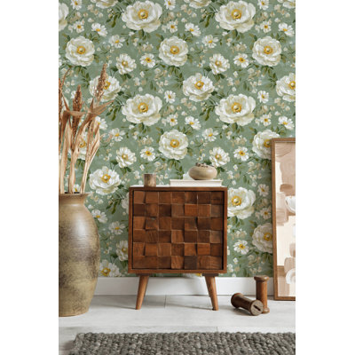 Floral Wallpaper Green Peel And Stick Vintage Flower Wall Mural