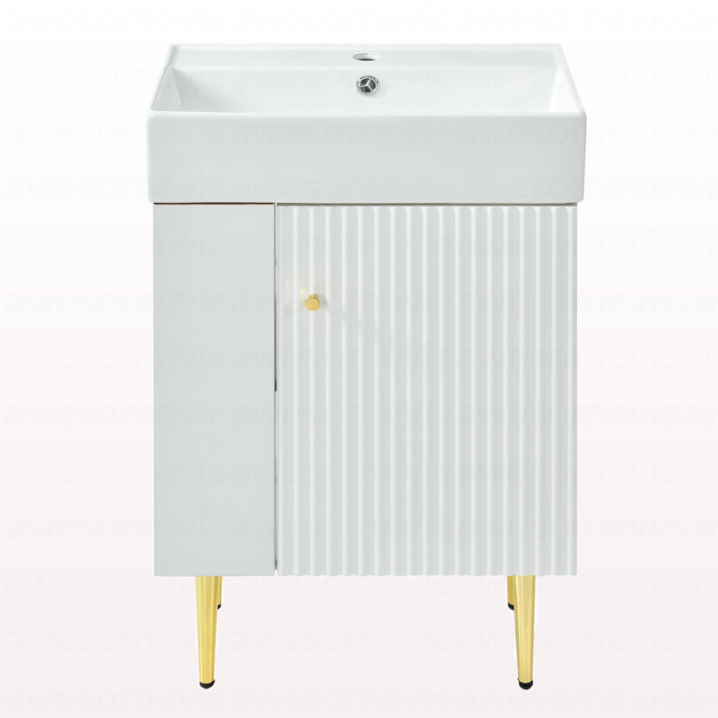 Meuble-lavabo blanc 21,6 po, armoire combinée, meuble de rangement pour salle de bain, lavabo simple en céramique, rangement à gauche