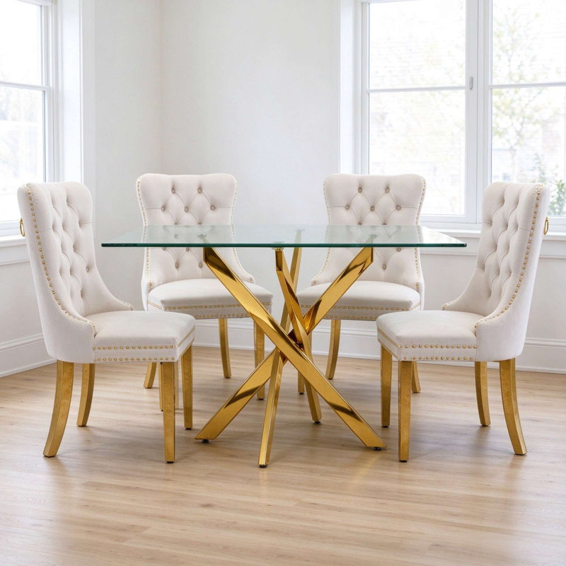 Meachum Dining Set, Beige/Gold, Gold