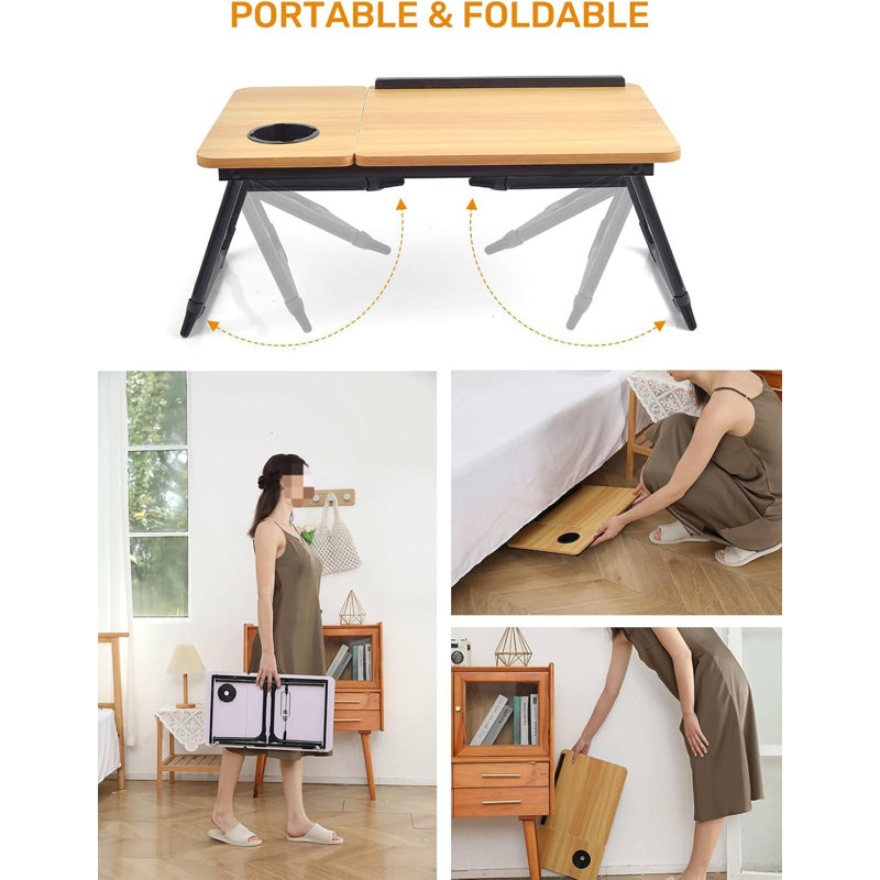 Table de lit ajustable avec porte-gobelet pliable, support pour gobelet pour lit, bureau pour ordinateur portable, table de plateau pour ordinateur portable et d'écriture, brun