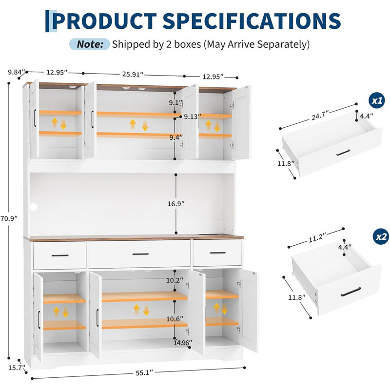 Armoire de rangement de style campagnard de 71 pouces avec prises électriques, espace de rangement de 55 pouces de large avec 6 étagères réglables, 3 tiroirs et 8 portes