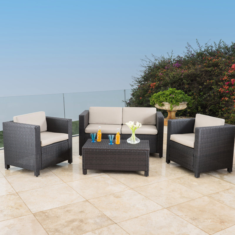 Mobilier d'extérieur 4 pièces brun foncé avec coussins en mousse et coussin de jardin imperméable