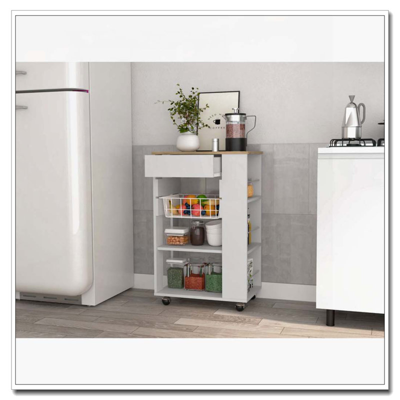 Chariot de cuisine blanc et chêne clair à 5 tablettes et 1 tiroir, White/Light Oak