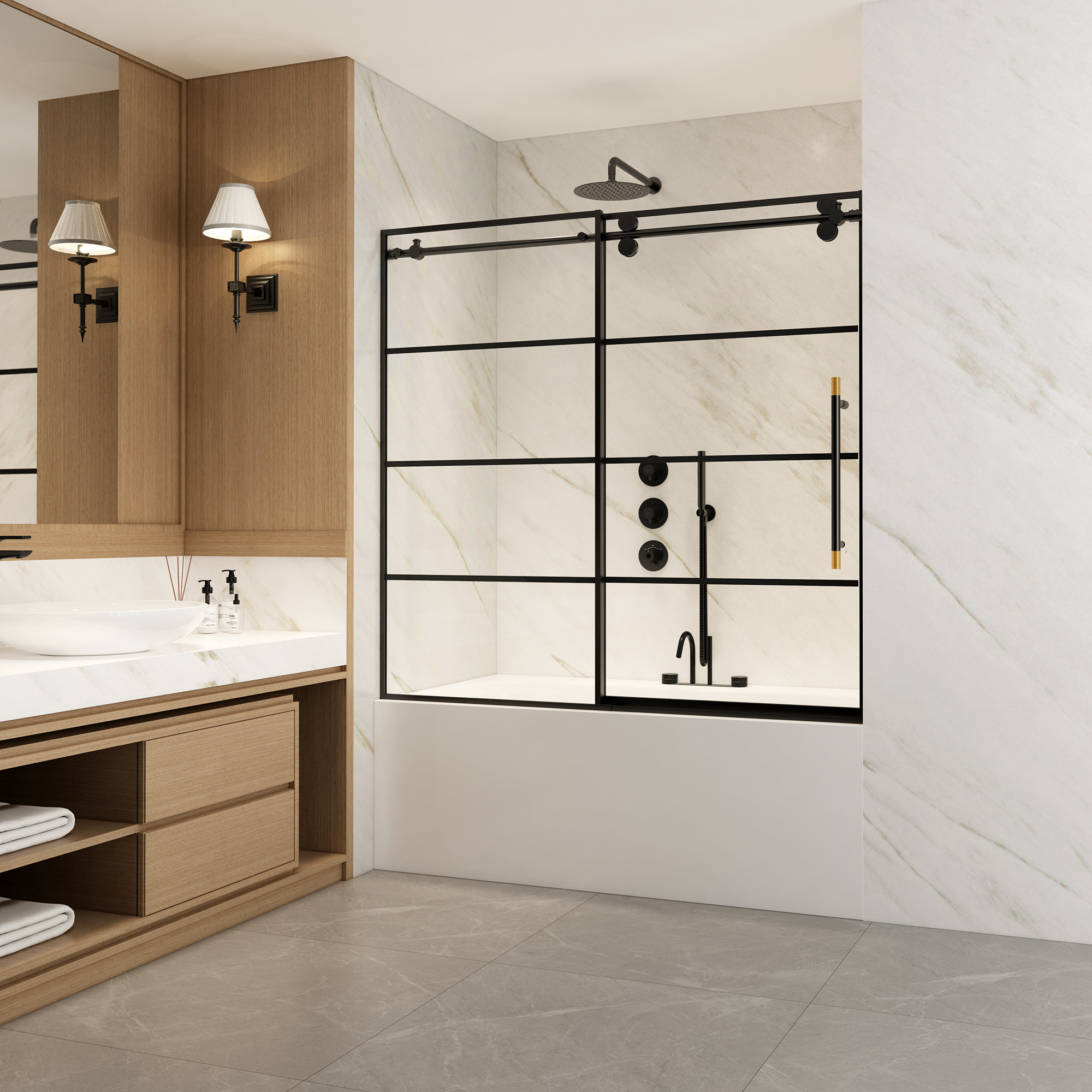 Vinnova Losar 60" W x 66" H Sliding Frameless Bathtub Shower Door Tempered Glass in Matte Black