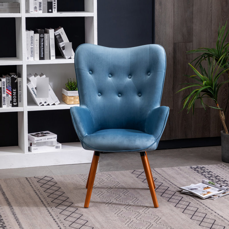 Chaise contemporaine en velours, dossier à boutons bleu, pieds en bois avec dossier en velours, pour un moment de détente