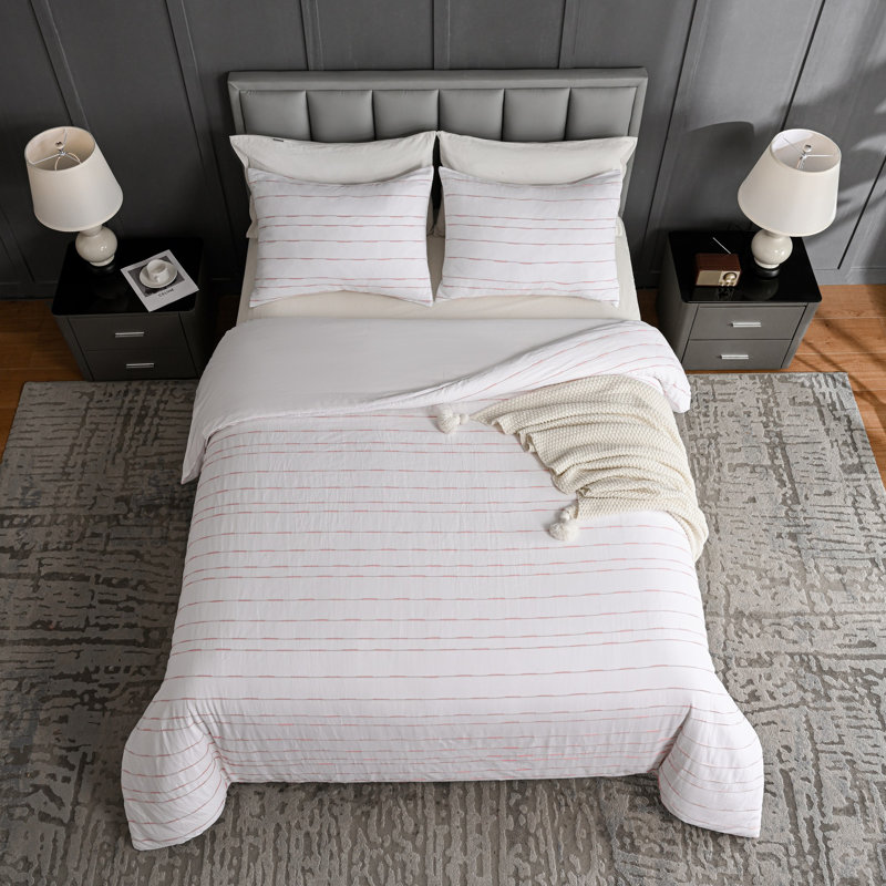 Ensemble de housse de couette standard en coton Zari, Housse de couette grand et 2 taies décoratives, Blanc / rose
