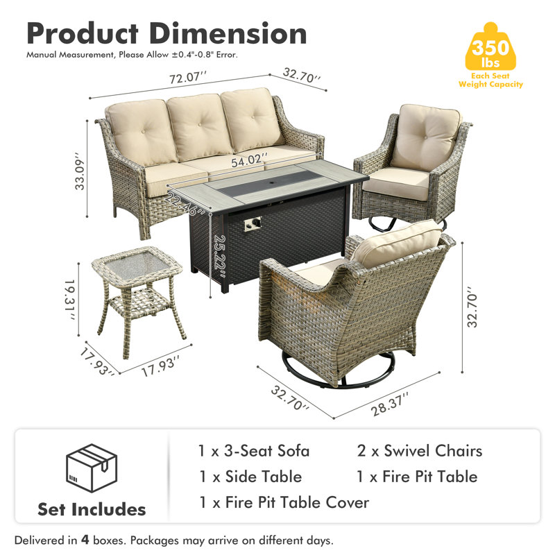 Ensemble de conversation d'extérieur en osier pour 5 personnes avec table de foyer et chaises berçantes pivotantes Daliya