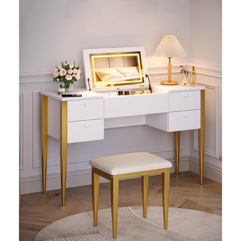 Maquillage, coiffeuse, coiffeuse avec lumière et tabouret, housse rabattable et miroir, Blanc / Doré